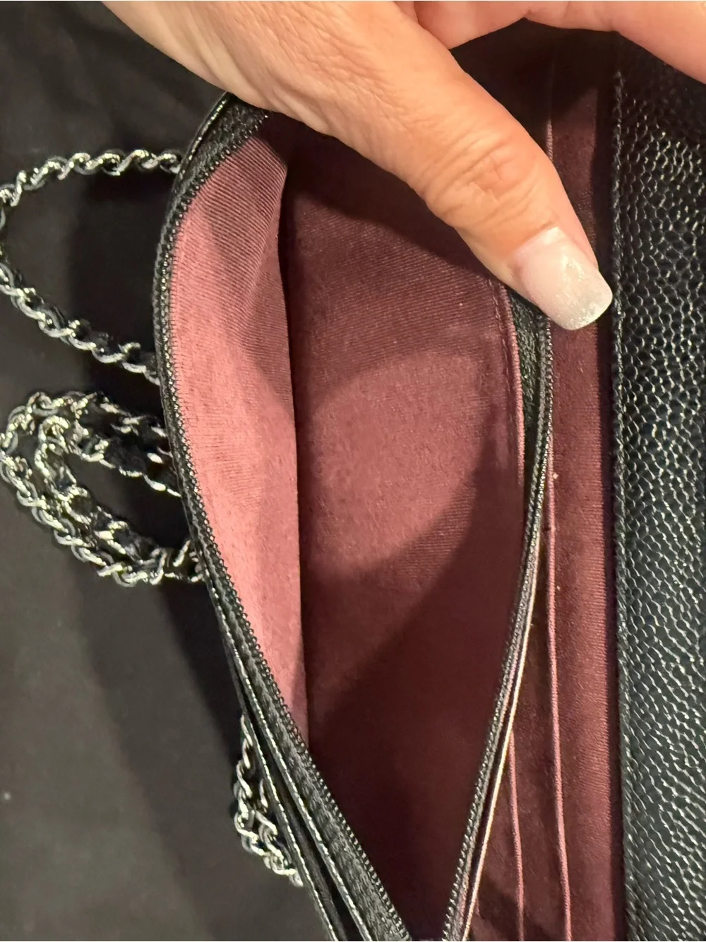 CHANEL Black Quilted Caviar Leather wallet chain WOC with Silver-Tone Chain